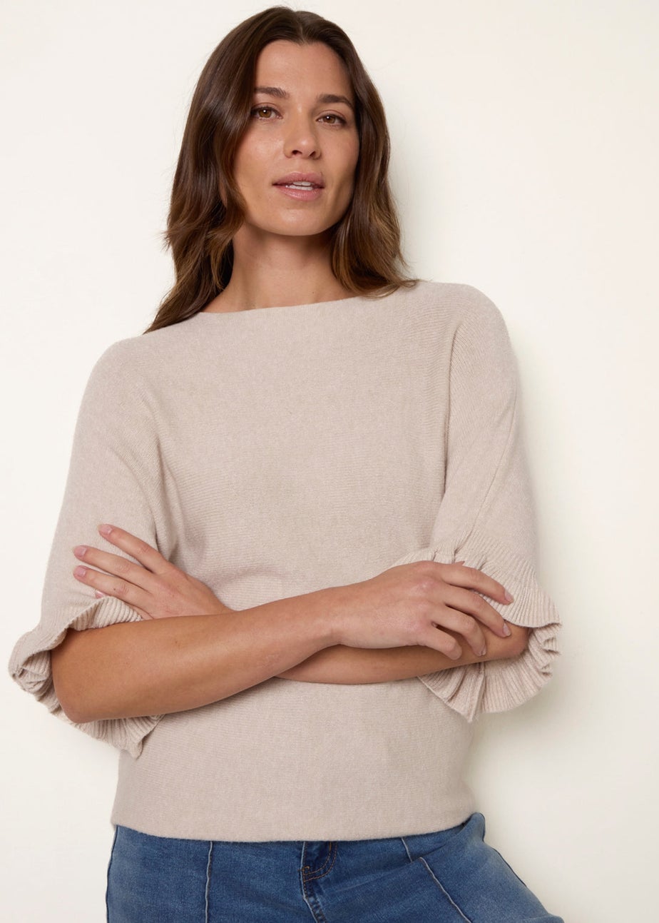 Blue Vanilla Beige Knitted Frill Sleeve Batwing Jumper