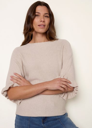 Blue Vanilla Beige Knitted Frill Sleeve Batwing Jumper