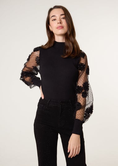 Blue Vanilla Black Turtle Neck Jumper With Mesh Polka Dot & Flower Detailed Sleeves