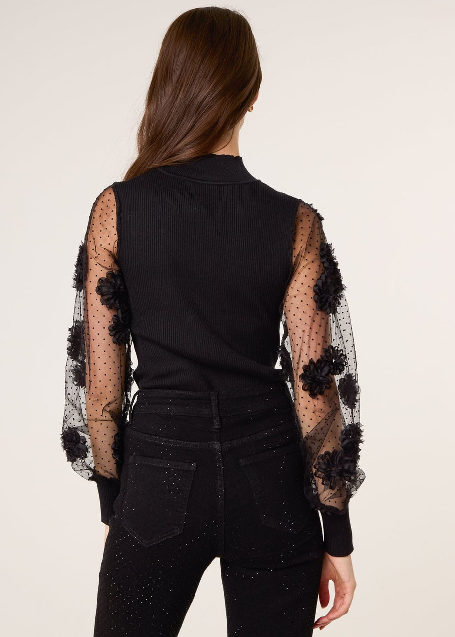 Blue Vanilla Black Turtle Neck Jumper With Mesh Polka Dot & Flower Detailed Sleeves