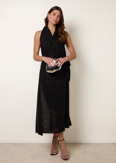 Blue Vanilla Black Wrap Knit Halter Shape Dress