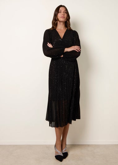 Blue Vanilla Black Pleated Crossover Metallic Glitter Dress