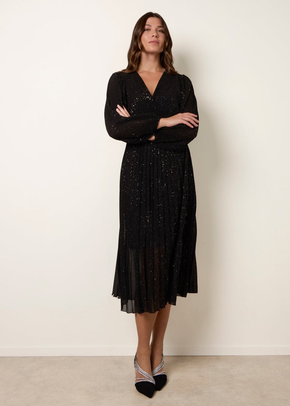 Blue Vanilla Black Pleated Crossover Metallic Glitter Dress