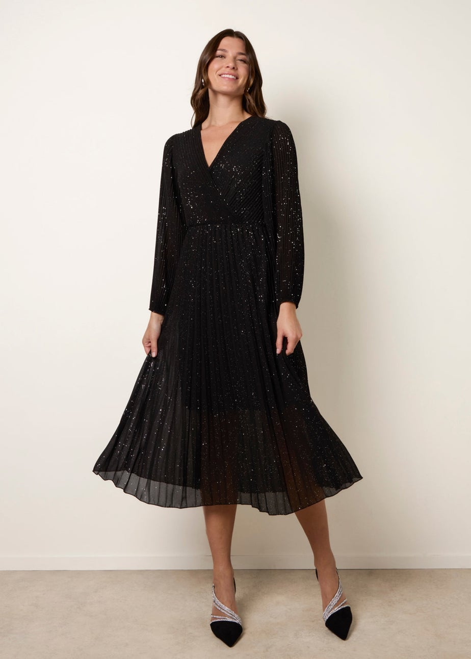 Blue Vanilla Black Pleated Crossover Metallic Glitter Dress