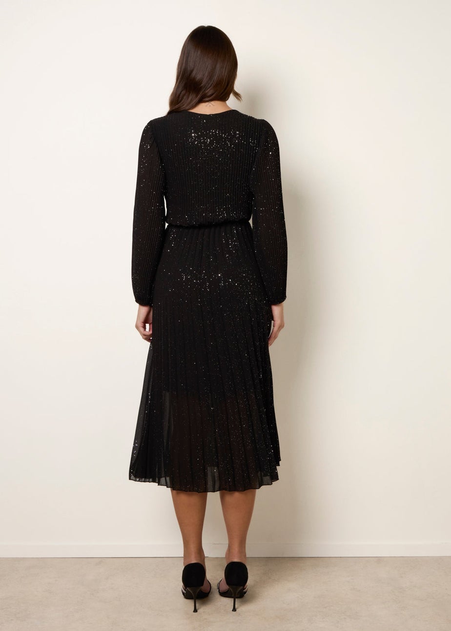 Blue Vanilla Black Pleated Crossover Metallic Glitter Dress
