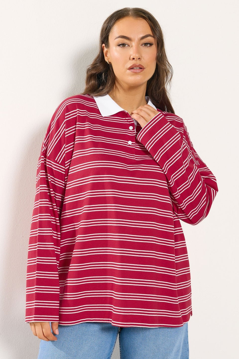 Yours Curve Red & White Stripe Rugby Collar Top