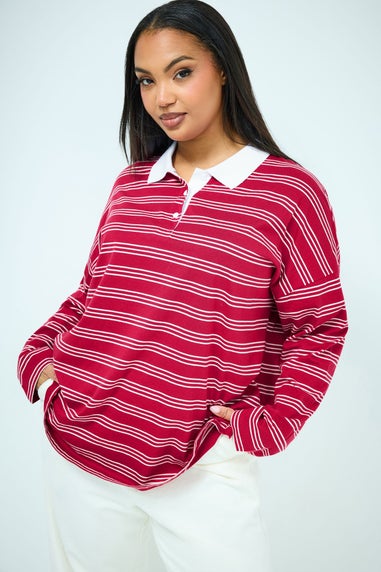 Yours Curve Red & White Stripe Rugby Collar Top