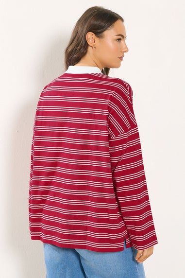 Yours Curve Red & White Stripe Rugby Collar Top