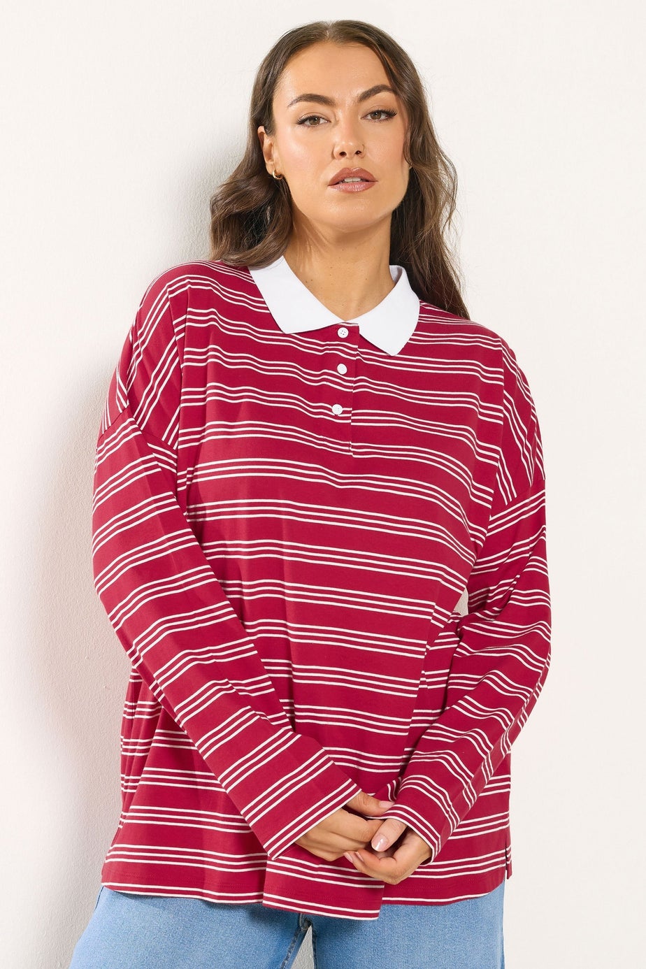 Yours Curve Red & White Stripe Rugby Collar Top