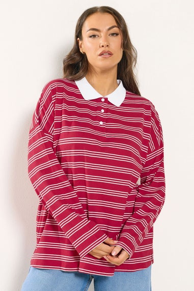 Yours Curve Red & White Stripe Rugby Collar Top