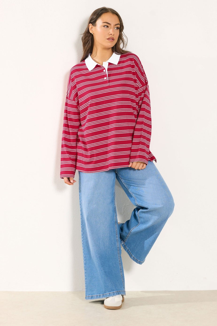 Yours Curve Red & White Stripe Rugby Collar Top