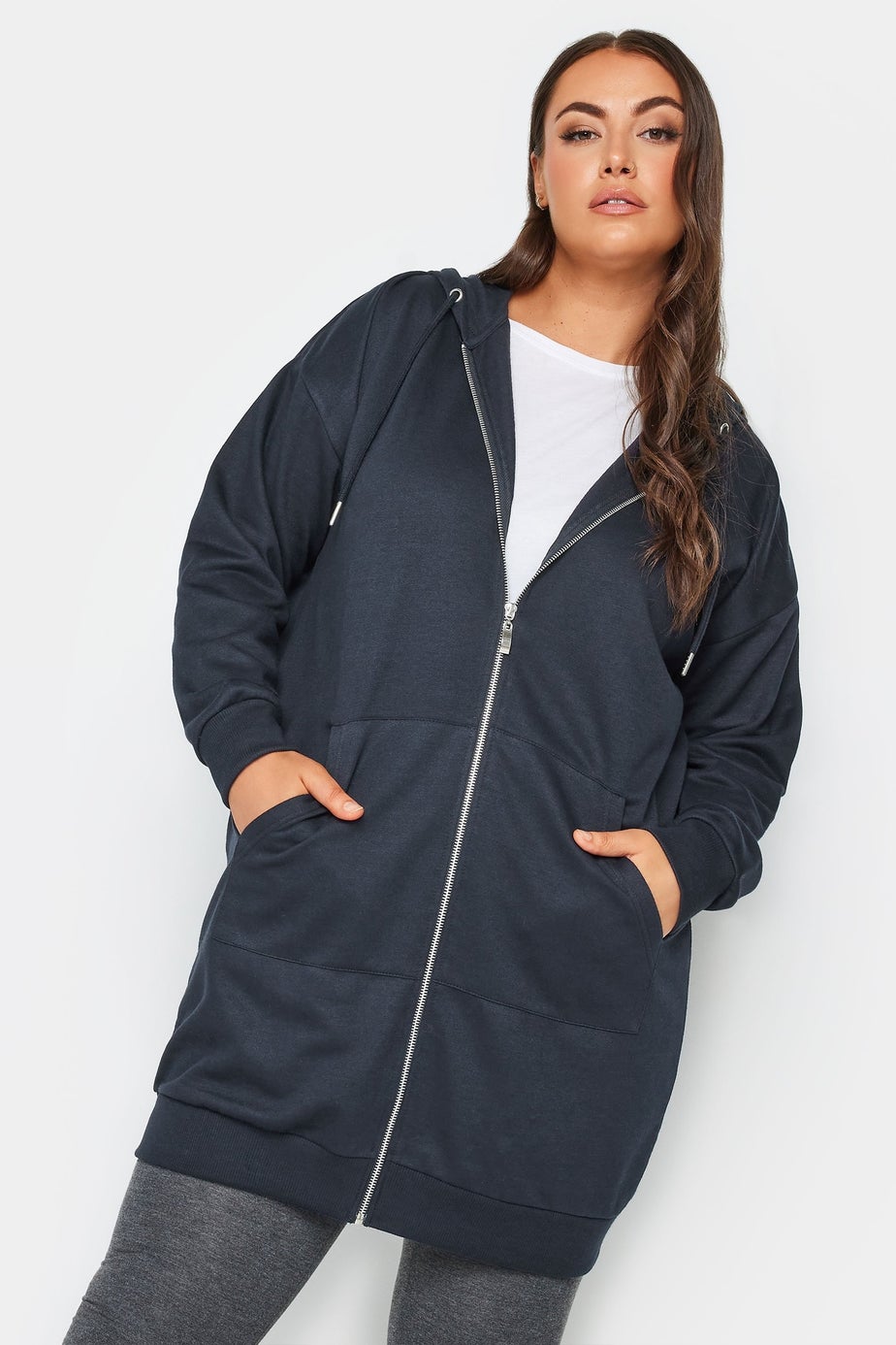 Yours Curve Navy Blue Longline Zip Hoodie