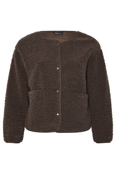 Yours Curve Chocolate Brown Collarless Fleece Jacket