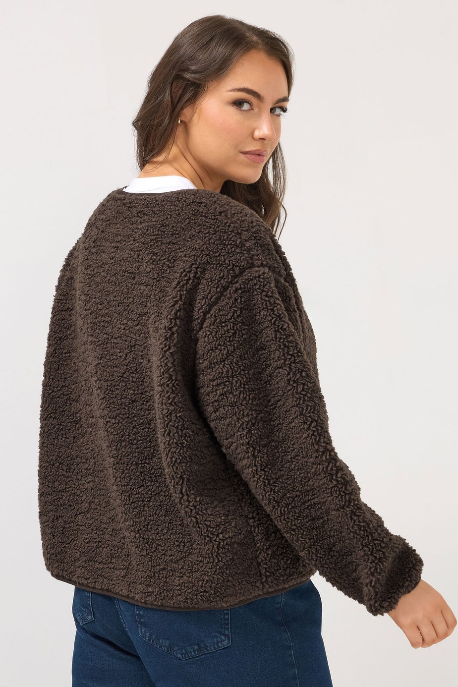 Yours Curve Chocolate Brown Collarless Fleece Jacket