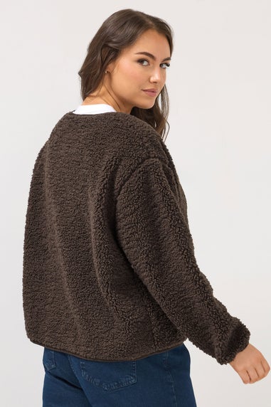 Yours Curve Chocolate Brown Collarless Fleece Jacket
