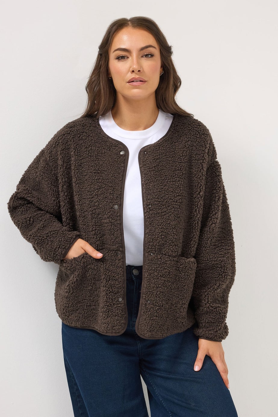 Yours Curve Chocolate Brown Collarless Fleece Jacket