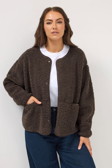 Yours Curve Chocolate Brown Collarless Fleece Jacket