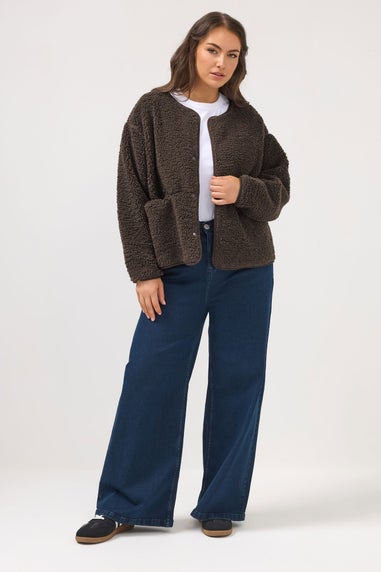 Yours Curve Chocolate Brown Collarless Fleece Jacket