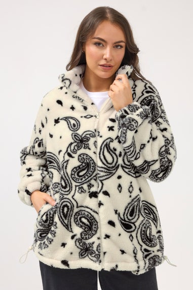 Yours Curve Ivory White Paisley Zip Through Fleece Jacket