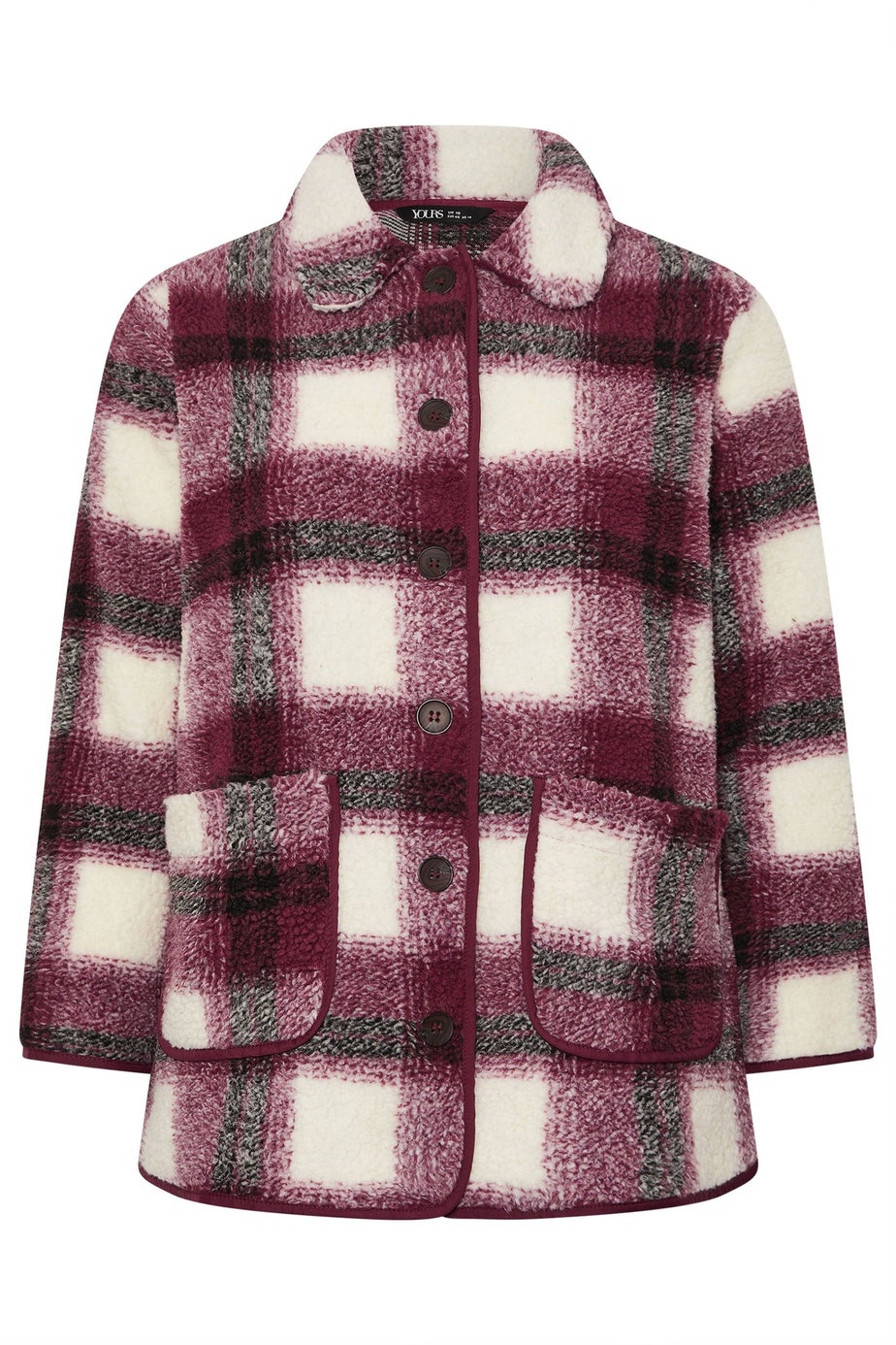 Yours Curve Burgundy Red Check Teddy Fleece Jacket