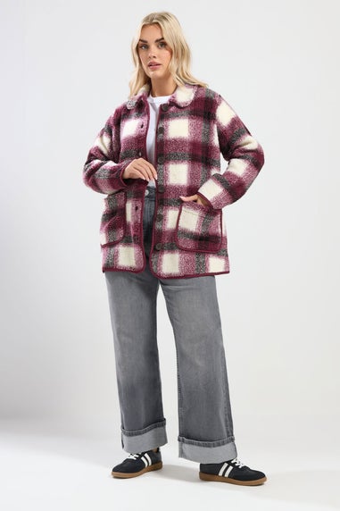 Yours Curve Burgundy Red Check Teddy Fleece Jacket