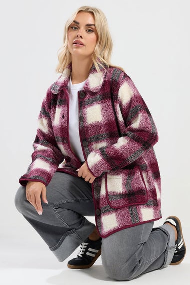 Yours Curve Burgundy Red Check Teddy Fleece Jacket