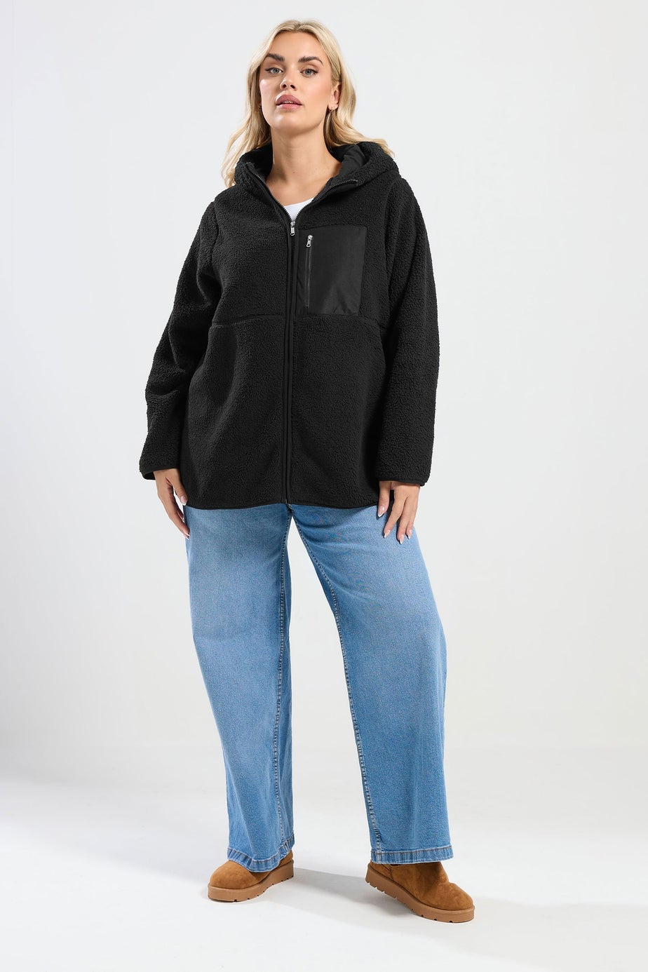 Yours Curve Black Pocket Teddy Fleece Jacket