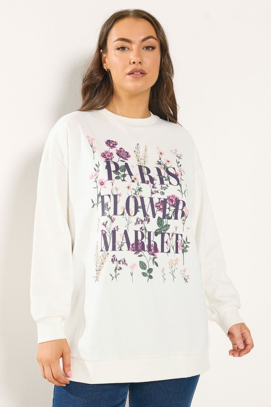 Yours Curve White 'Paris Flower Market' Floral Sweatshirt
