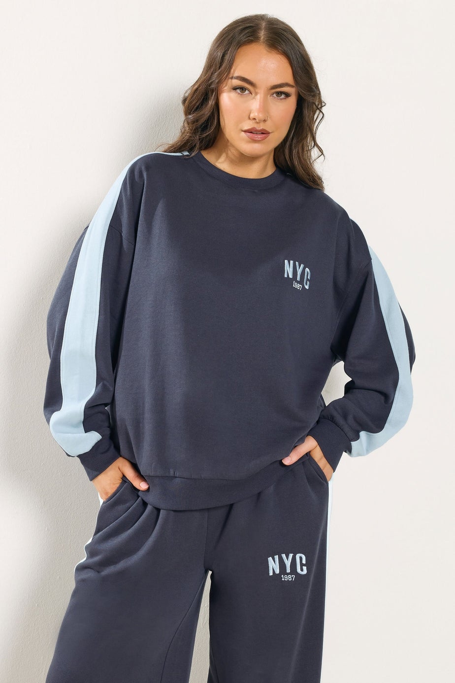 Yours Curve Navy Blue 'NYC' Side Stripe Sweatshirt
