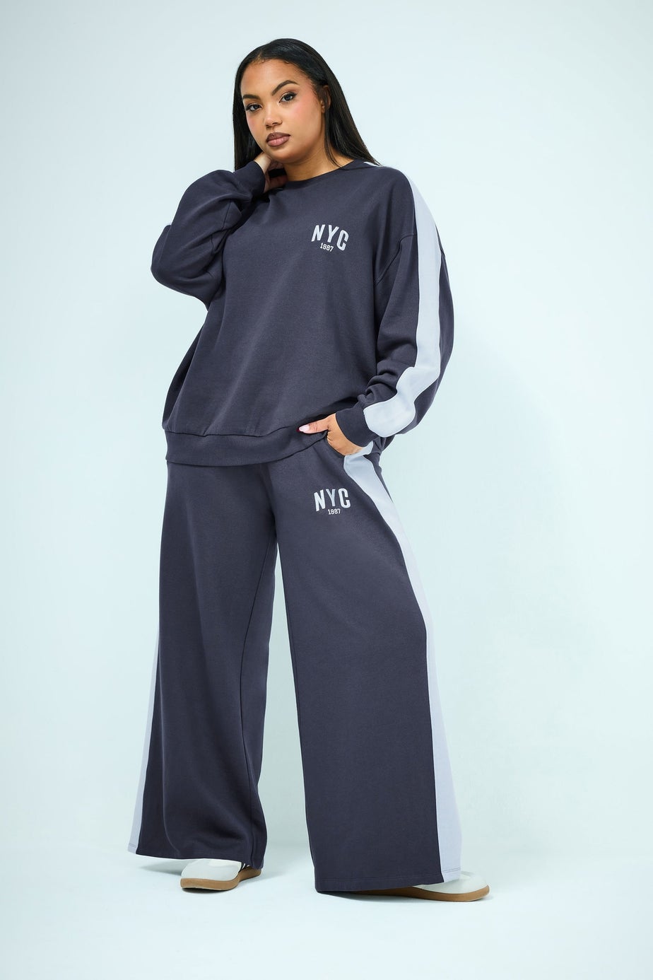 Yours Curve Navy Blue 'NYC' Side Stripe Sweatshirt