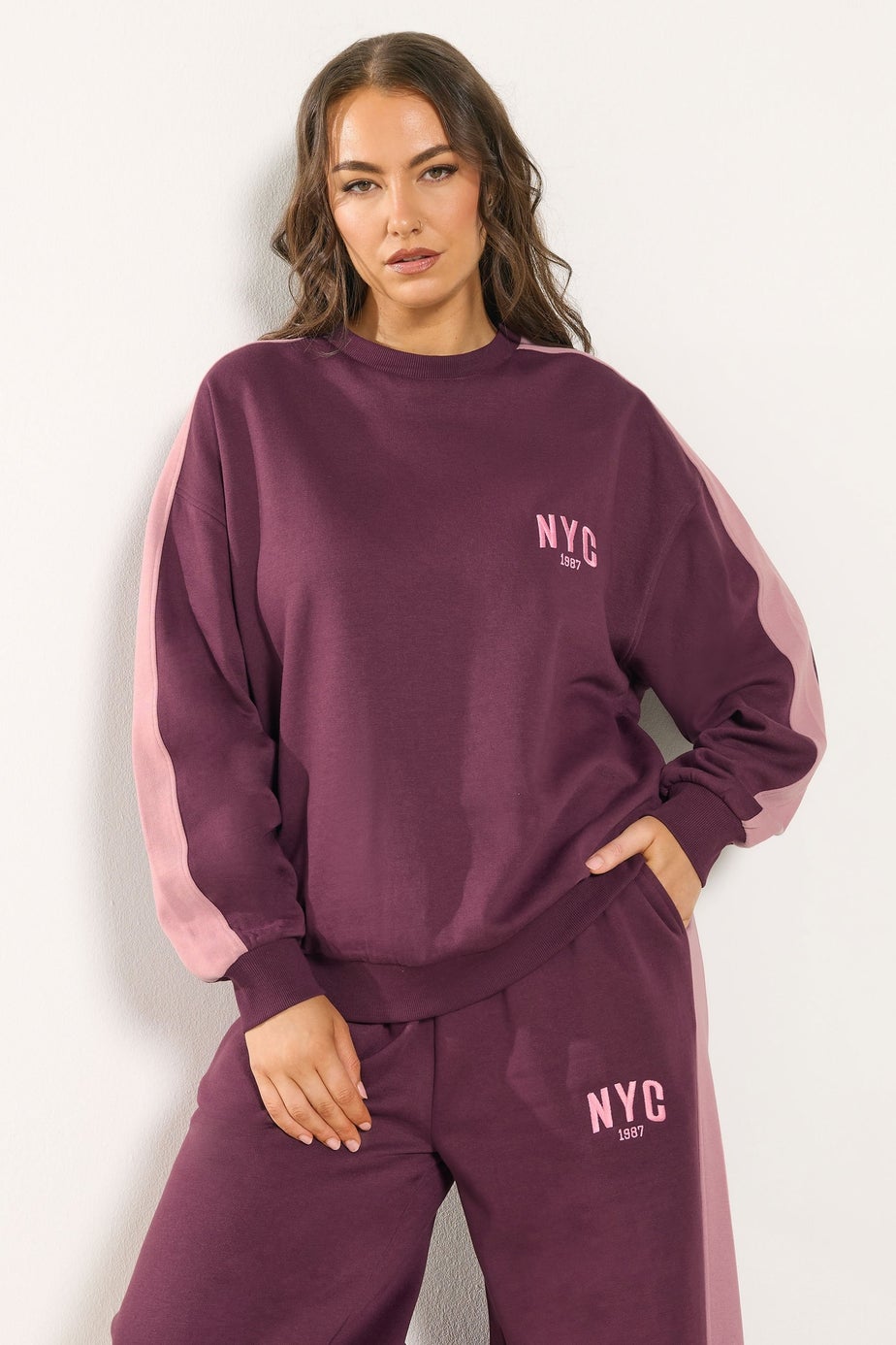 Yours Curve Burgundy Red 'NYC' Side Stripe Sweatshirt
