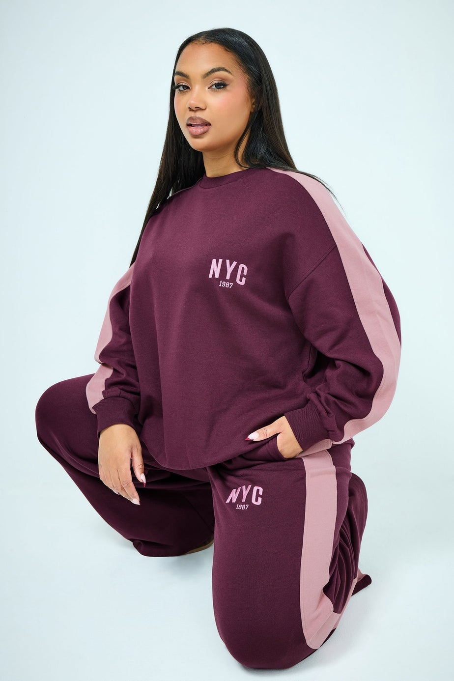 Yours Curve Burgundy Red 'NYC' Side Stripe Sweatshirt