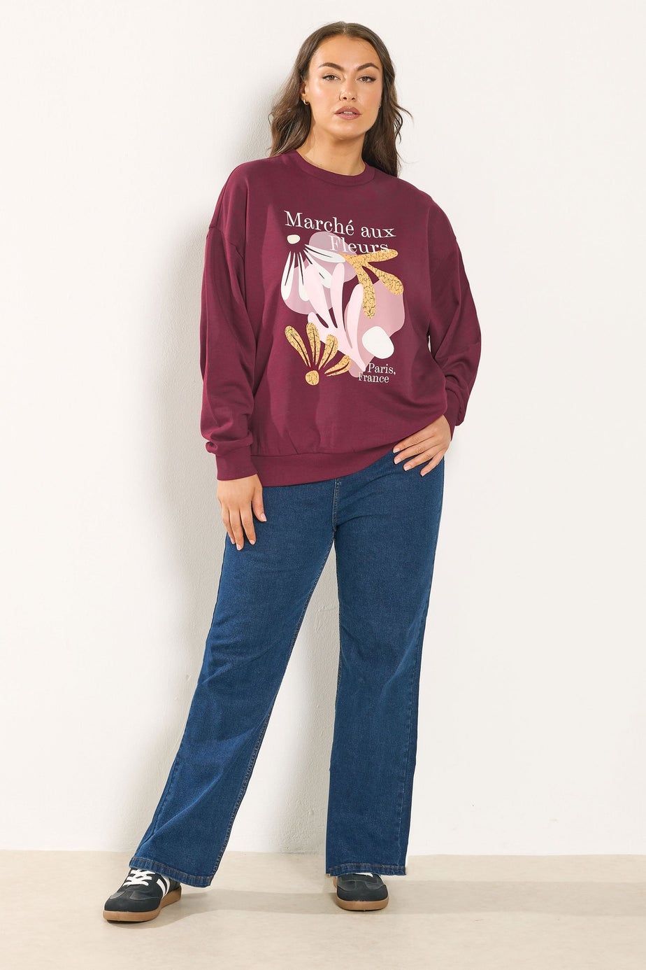 Yours Curve Burgundy Red 'Marche Aux Fleurs' Slogan Sweatshirt