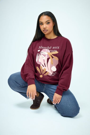 Yours Curve Burgundy Red 'Marche Aux Fleurs' Slogan Sweatshirt