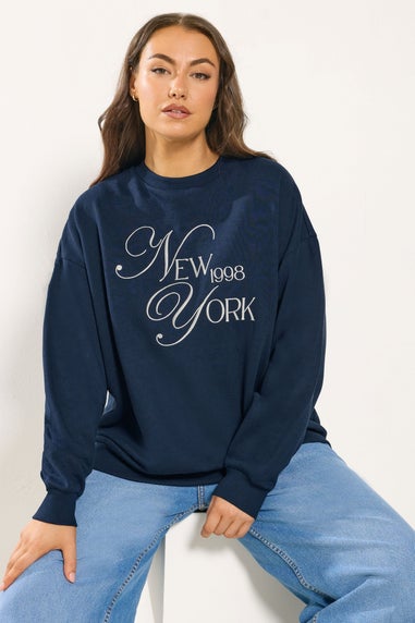 Yours Curve Navy Blue Embroidered 'New York' Slogan Sweatshirt