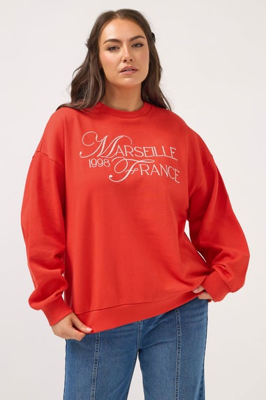 Yours Curve Red Embroidered 'Marseille France' Sweatshirt