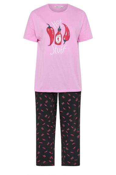 Yours Curve Pink 'Hot Stuff' Wide Leg Striped Pyjama Set
