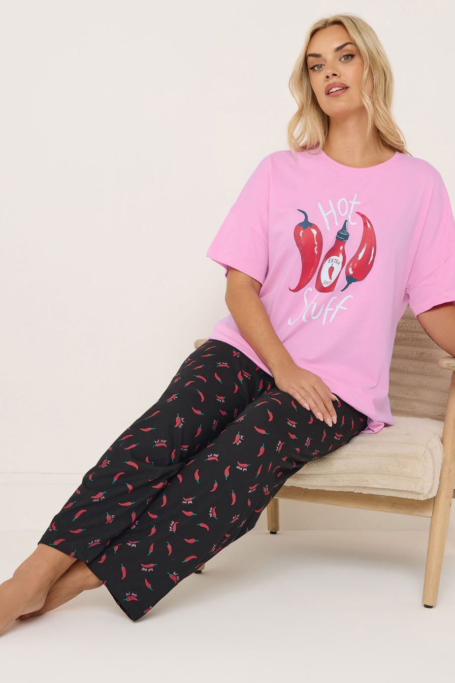 Yours Curve Pink 'Hot Stuff' Wide Leg Striped Pyjama Set