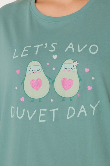 Yours Curve Green 'Lets Avo Duvet Day' Cuffed Pyjama Set
