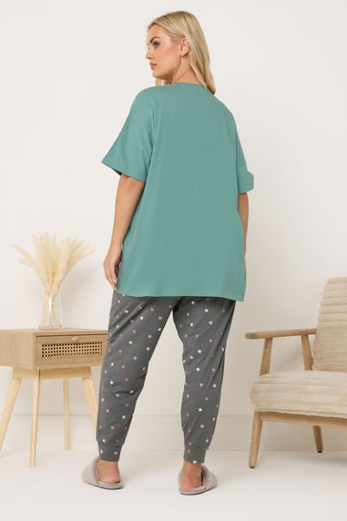 Yours Curve Green 'Lets Avo Duvet Day' Cuffed Pyjama Set