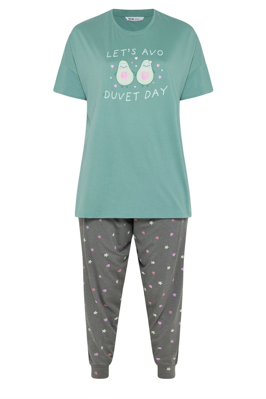 Yours Curve Green 'Lets Avo Duvet Day' Cuffed Pyjama Set
