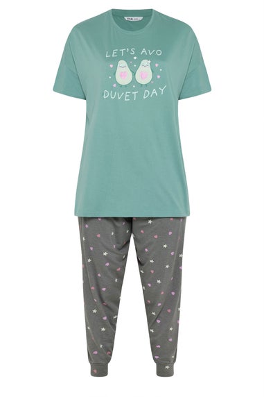Yours Curve Green 'Lets Avo Duvet Day' Cuffed Pyjama Set