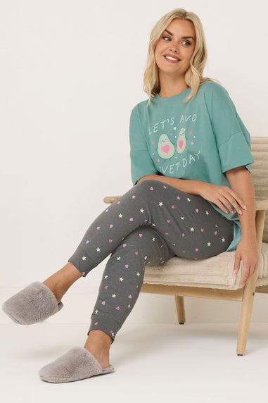 Yours Curve Green 'Lets Avo Duvet Day' Cuffed Pyjama Set