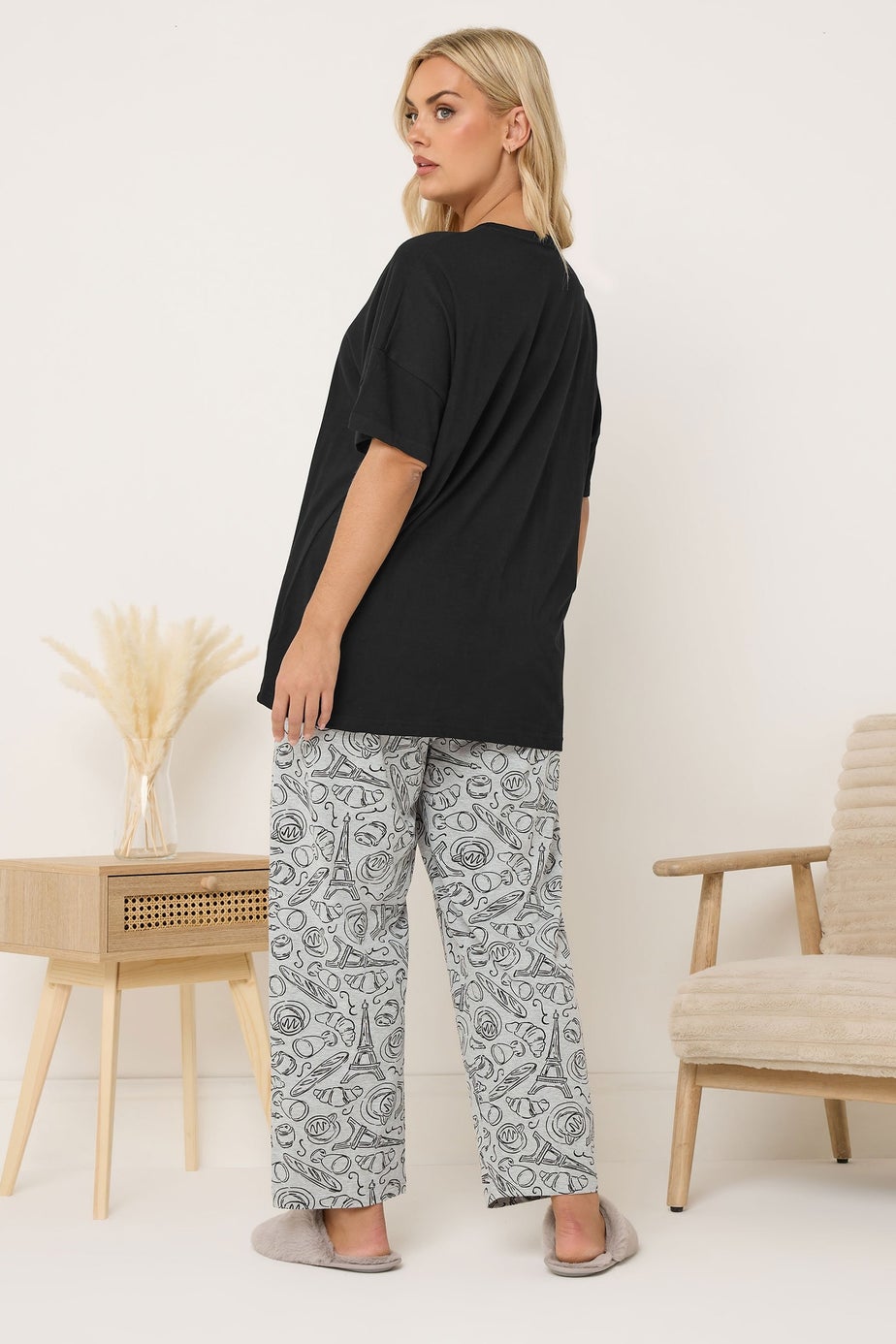 Yours Curve Black 'Breakfast Club' Wide Leg Pyjama Set