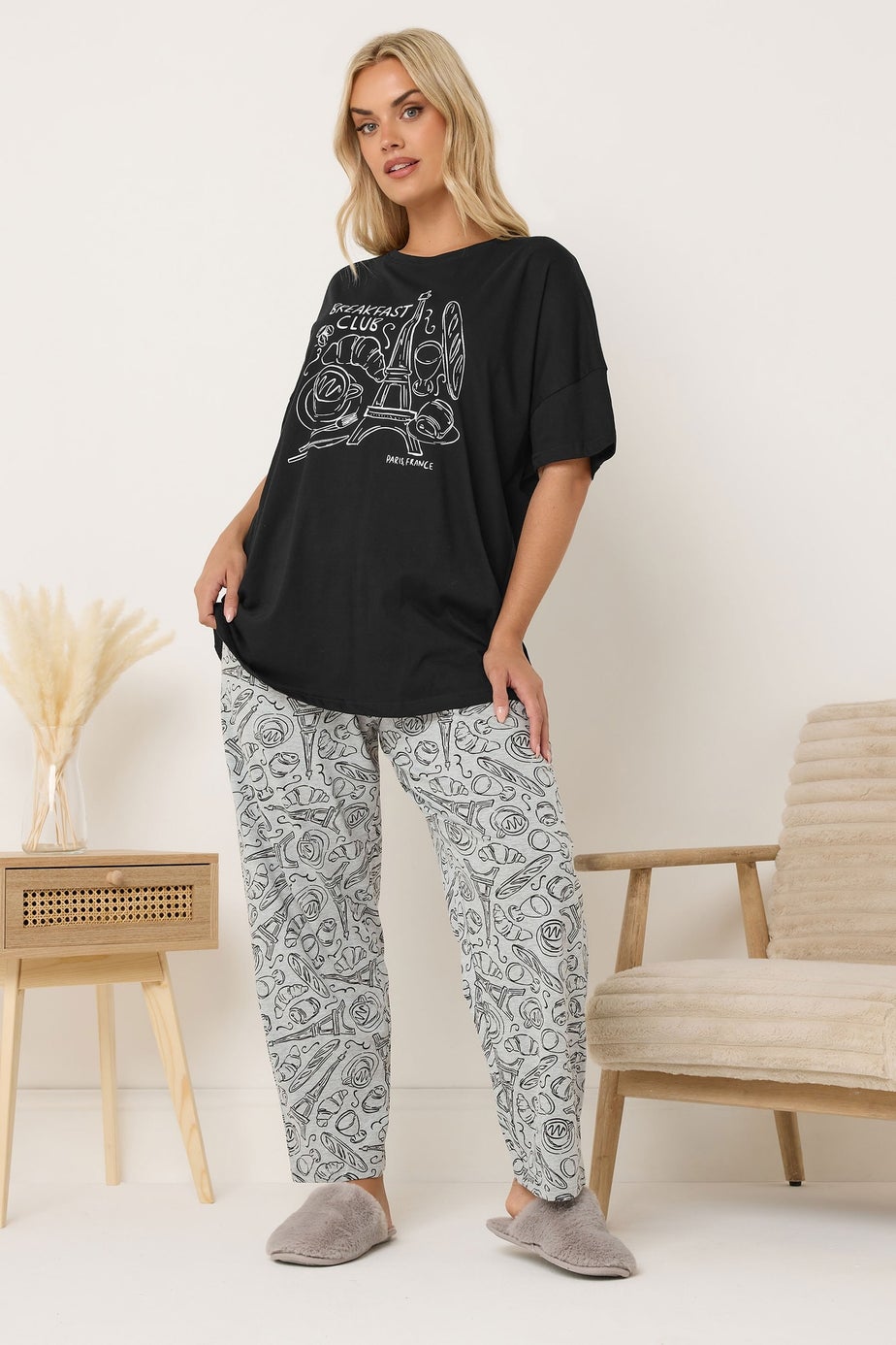 Yours Curve Black 'Breakfast Club' Wide Leg Pyjama Set