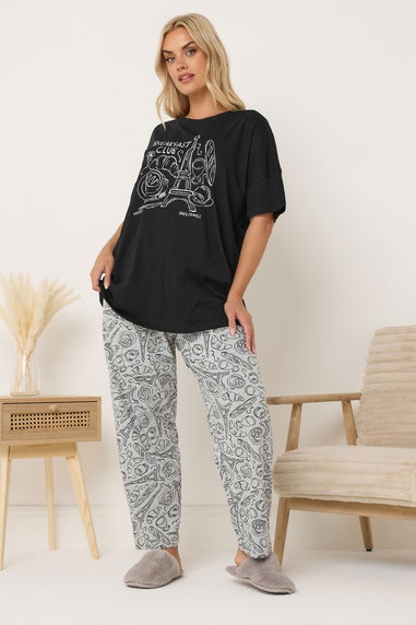 Yours Curve Black 'Breakfast Club' Wide Leg Pyjama Set
