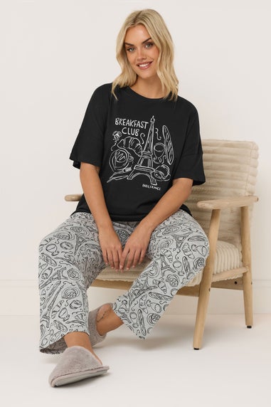 Yours Curve Black 'Breakfast Club' Wide Leg Pyjama Set