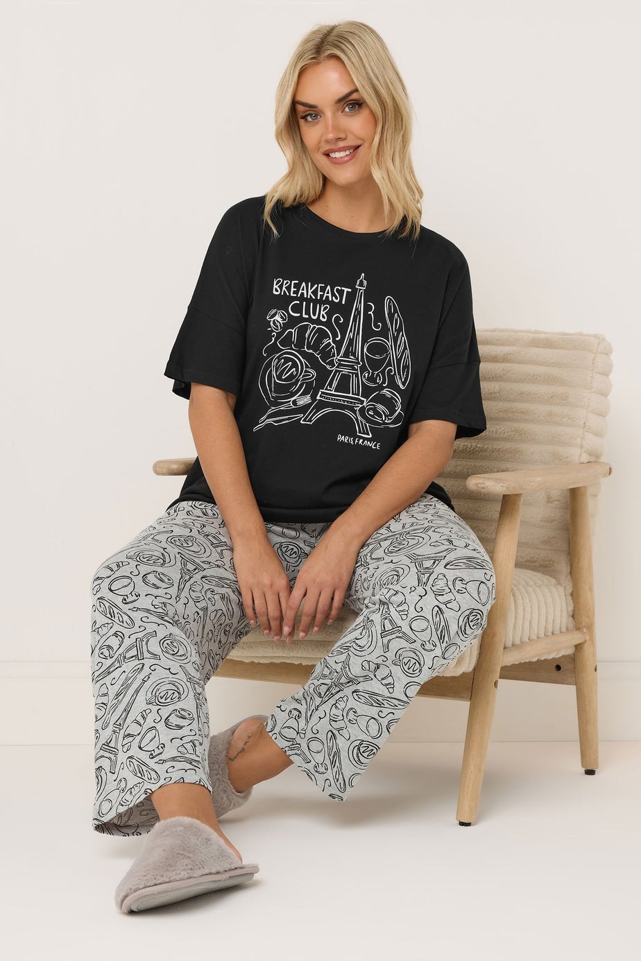 Yours Curve Black 'Breakfast Club' Wide Leg Pyjama Set