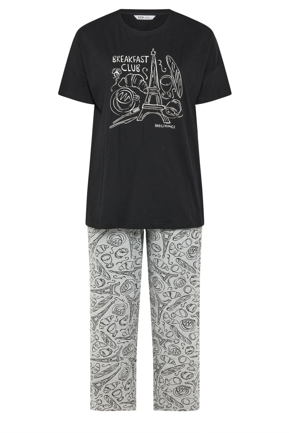 Yours Curve Black 'Breakfast Club' Wide Leg Pyjama Set