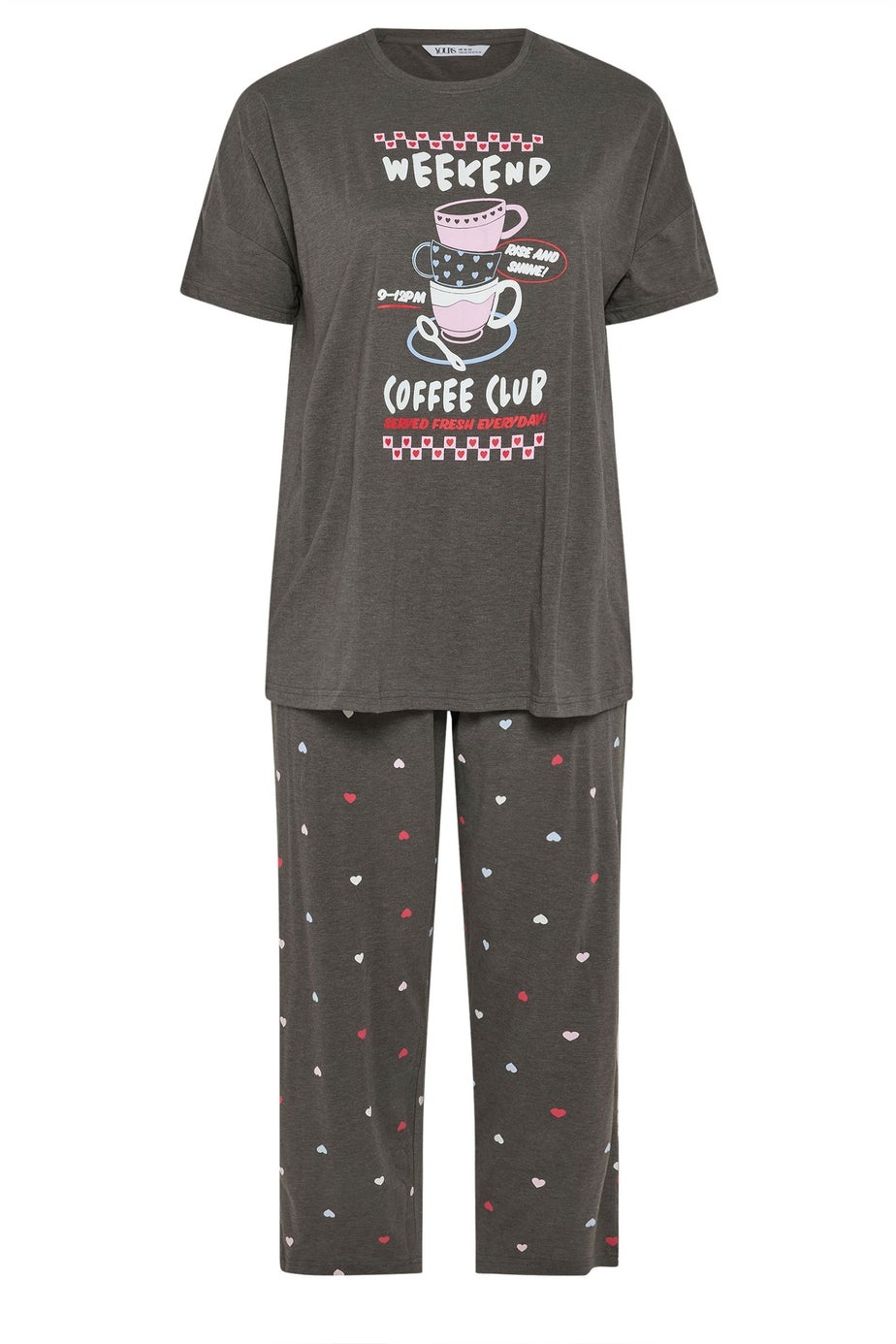 Yours Curve Brown 'Weekend Coffee Club' Wide Leg Pyjama Set
